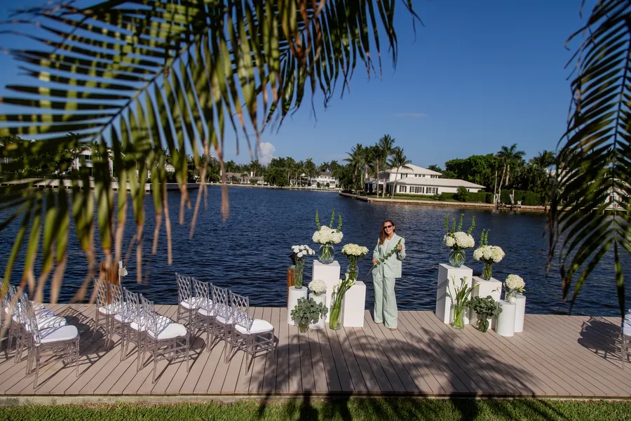 Elegant white wedding tablescape beside the water — Alexander and Olga wedding
