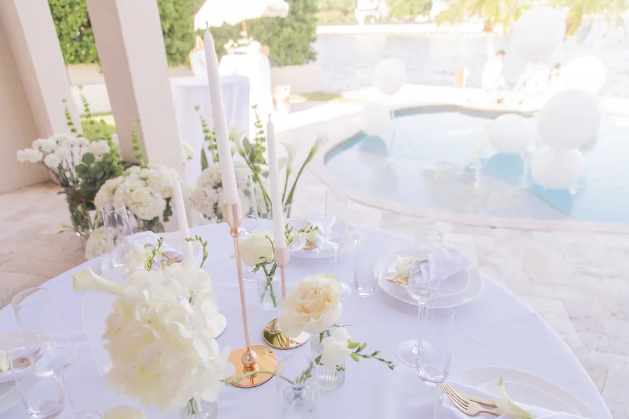 Elegant white wedding tablescape beside the water — Alexander and Olga wedding