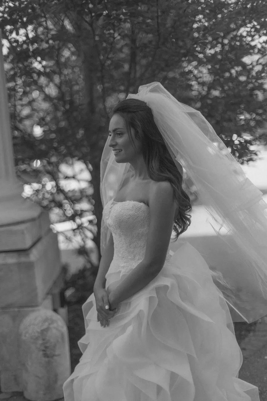 Black-and-white bridal party portrait in the garden — David and Katia wedding