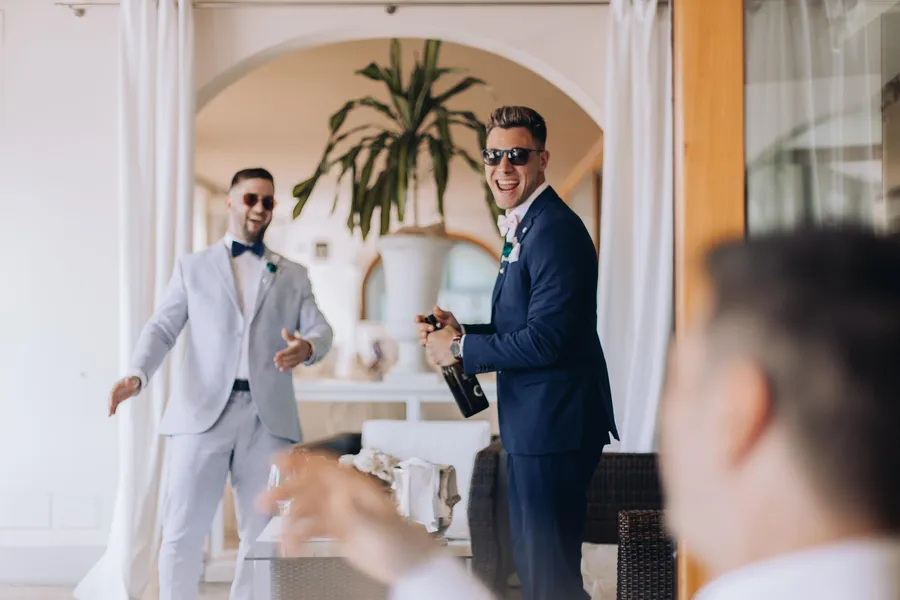 Groom arriving to greet wedding guests — Mattia and Yulia wedding