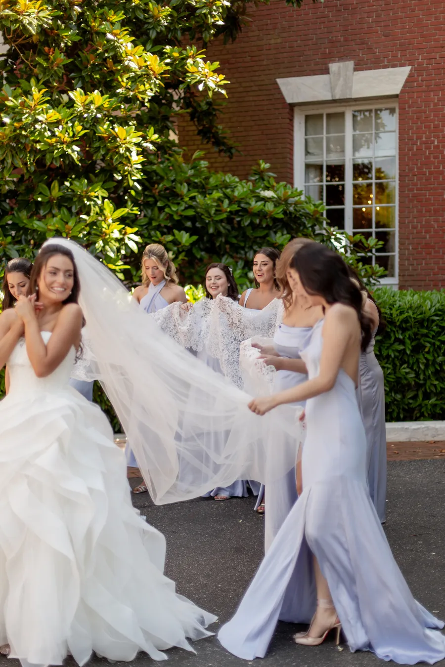 Black-and-white bridal party portrait in the garden — David and Katia wedding