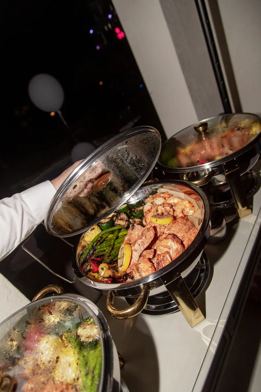 Wedding dinner and pizza served at the evening reception — Alexander and Olga wedding
