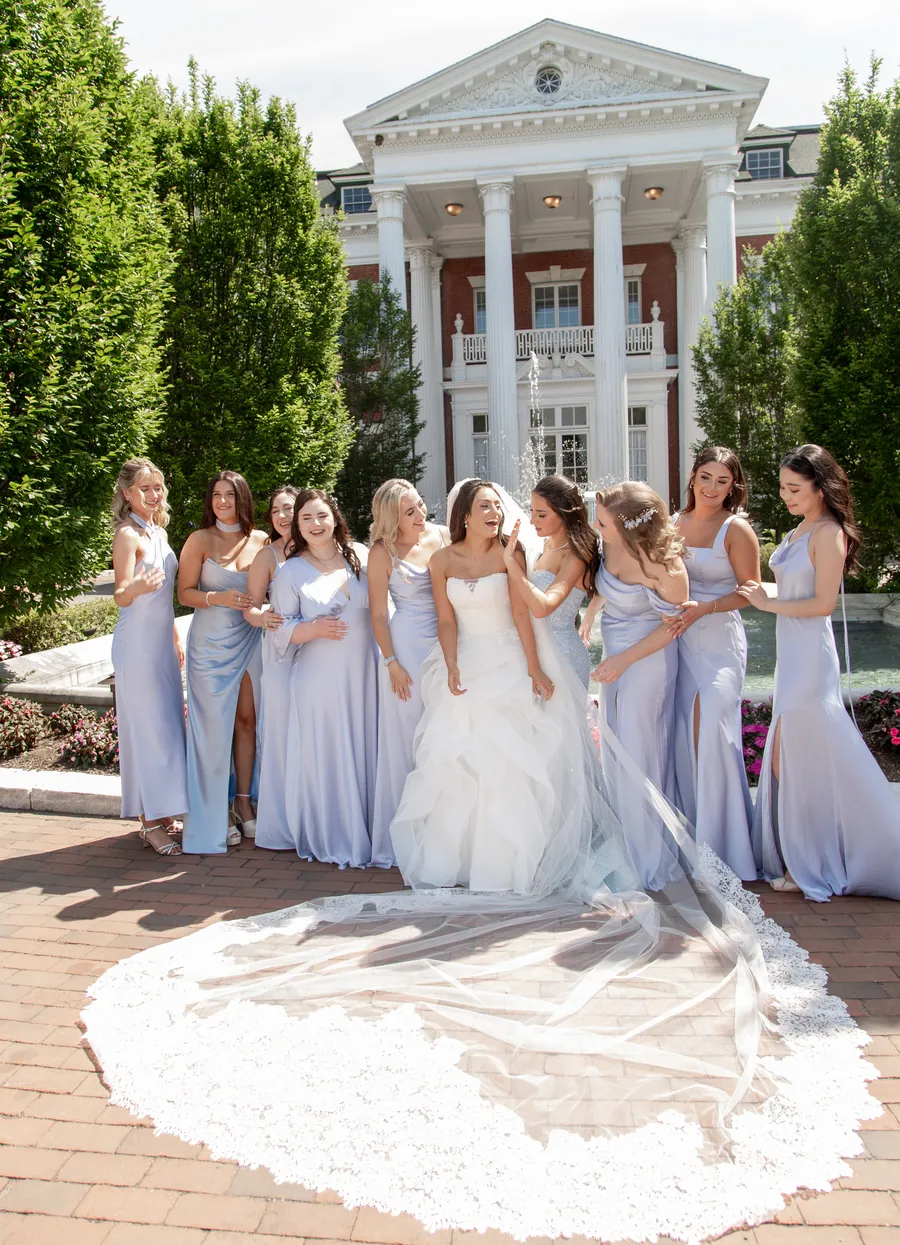 Black-and-white bridal party portrait in the garden — David and Katia wedding