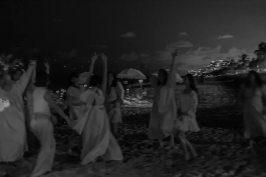 Wedding guests dancing together after dark — Roman and Victoria wedding